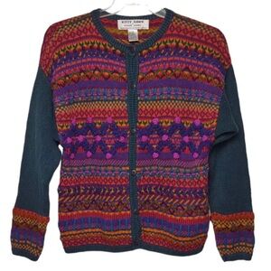 VTG Kitty Hawk By Vivian Wang Fair Isle Cardigan Sweater Eclectic Striped Sz S